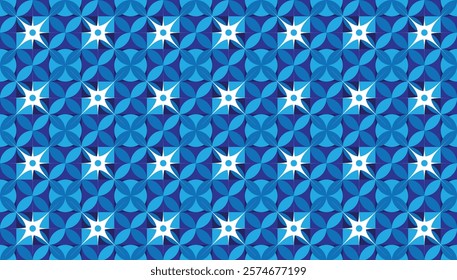 Floral themed batik seamless geometric pattern with a combination of blue colors. Perfect for printing, design and textiles