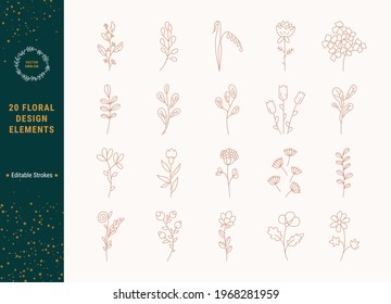 Floral thin line vector illustrations. Botanical design elements clip art. Minimal style flower, plant linear emblems for logo design, wedding invitation, greeting card, poster print. Editable strokes