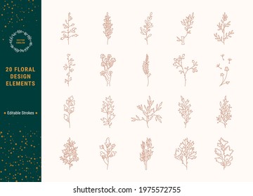 Floral thin line vector illustrations clip art collection. Botanical design elements. Flower, plant icons for floral logo design, wedding invitation, greeting card, poster print. Editable strokes.