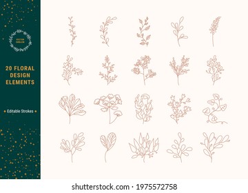 Floral thin line vector illustrations clip art. Minimal style linear emblem for beauty, fashion print. Flowers, plants for botanical logo design, wedding invitation, greeting card. Editable strokes.