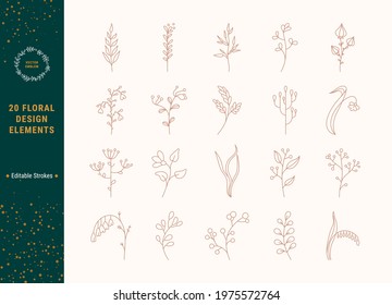 Floral thin line vector illustrations clip art collection. Botanical design elements. Flower, plant icons for floral logo design, wedding invitation, greeting card, poster print. Editable strokes.