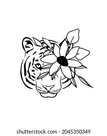 Floral tiger head vector illustration, hand drawn tiger portrait