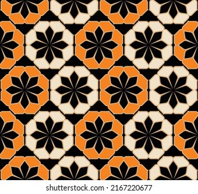 Floral Tile Design Geometric Abstract Oriental  Background Seamless Pattern Minimal Traditional Concept Perfect for Allover Print Black Orange Tones
