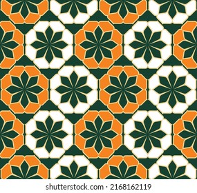 Floral Tile Design Geometric Abstract Oriental  Background Seamless Pattern Minimal Traditional Concept Perfect for Allover Print Green Ecru Orange Tones