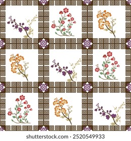 Floral Tile Pattern with Geometric Borders and Vibrant Flower Arrangements in Symmetrical Design seamless pattern vector illustration for wallpaper, textiles, fabric, bedding, carpet, backdrop.