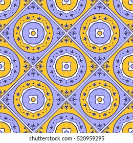 Floral tile pattern vector seamless. Colorful blue, white and yellow patchwork background. Tile floor square design elements. Portuguese, mexican, arabic, moroccan or spanish motif.