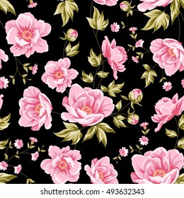 Floral tile pattern for vintage design. Seamless floral pattern with peonies. Vector illustration.