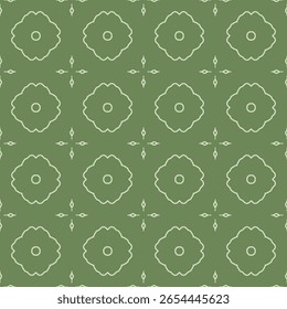 Repetición de azulejo floral con motivo de cruz de flores de cuatro pétalos en fondo verde oliva. Medallón de cresta de pétalo sin fisuras patrón batik geométrico.