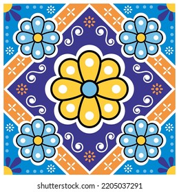 Floral tile seamless vector pattern inspired by folk art from Mexico - single talavera design, perfect for wallpaper, textiles or fabric prints. Traditional Mexican tile ornament with flowers 