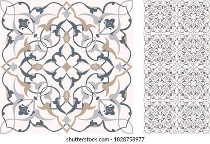 Floral Tile in turkish style. Vector hand drawn illustration, portuguese and spanish tile Vintage Wallpaper in damask style. Islam, Arabic, Indian, Ottoman motif