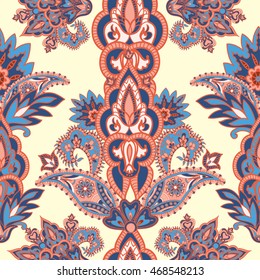 Floral tiled pattern. Flourish oriental background. geometric flower mandala asian ornament. Wonderland motives of the paintings of ancient Indian fabric patterns.