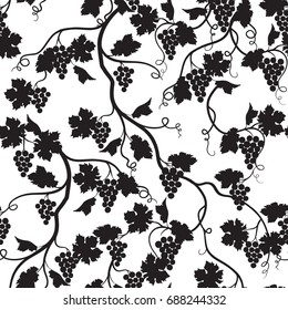 Floral tiled pattern with grape branch silhouette. Wineyard wallpaper. Garden background