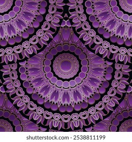 Floral tiled round 3d mandalas seamless fabric pattern with abstract gold line art flowers. Vector ornamental purple glowing background. Repeat violet color glow ornaments. Endless ornate texture.