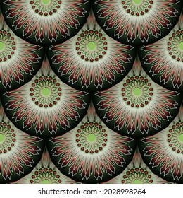 Floral tiled round mandalas seamless pattern. Ethnic style colorful background. Abstract decorative vector backdrop. Folkloric ornament. Modern design with Flowers, leaves, shapes, lines, circles. 