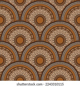 Floral tiled round mandalas seamless pattern. Colorful greek vector background. Beautiful ethnic style Deco ornaments. Repeat backdrop. Vintage flowers, leaves, lines, frames, borders, greek meanders.