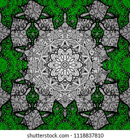 Floral tiles. Cute pattern on white, black and green colors with cute elements. Vector cute textile print. Islamic design. Seamless pattern oriental ornament.
