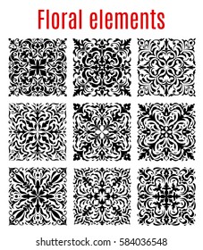 Floral tiles and flourish ornament borders of damask or flowery vector elements. Vector baroque ornamental mosaic pattern frames of luxury embellishment motif and tracery for interior design