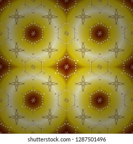 Floral tiles. Golden pattern on beige and yellow colors with golden elements. Vector golden textile print. Seamless pattern oriental ornament. Islamic design.