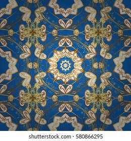 Floral tiles. Golden pattern on blue background with golden elements. Islamic design. Pattern oriental ornament. Vector golden textile print.