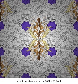 Floral tiles. Golden pattern on violet background with golden elements. Vector golden textile print. Islamic design. Seamless pattern oriental ornament.