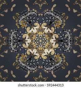 Floral tiles. Golden pattern on gray background with golden elements. Islamic design. Oriental ornament. Vector golden textile print.