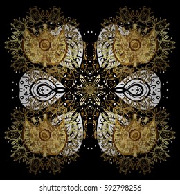 Floral tiles. Golden pattern on black background with golden elements. Islamic design. Pattern oriental ornament. Vector golden textile print.