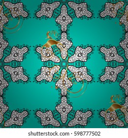 Floral tiles. Golden pattern on blue background with golden elements. Islamic design. Seamless pattern oriental ornament. Vector golden textile print.