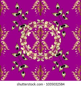 Floral tiles. Islamic design. Seamless pattern oriental ornament. Golden pattern on purple, brown and white colors with golden elements. Vector golden textile print.