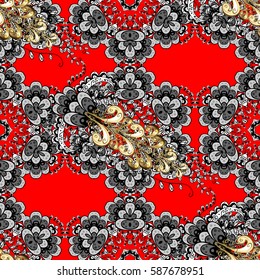 Floral tiles. Islamic design. Vector golden textile print. Seamless pattern oriental ornament. Golden pattern on red background with golden elements.