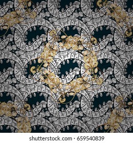 Floral tiles. Islamic design. Vector golden textile print. Seamless pattern oriental ornament. Golden pattern on blue background with golden elements.