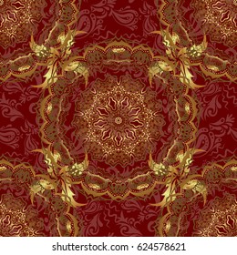 Floral tiles. Islamic vector design. Red and golden textile print. Seamless pattern oriental ornament.