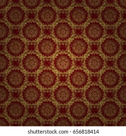 Floral tiles. Islamic vector design. Red and golden textile print. Seamless pattern oriental ornament.