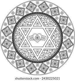 Floral tiles ornament mandala and David star. Use as coloring page for children and adults, greeting and invitation card design