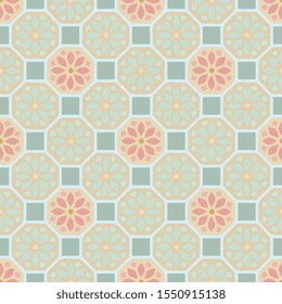 Floral tiles pattern modern design retro flowers motif red, yellow, light blue background. Minimalist geometric checkered repeat print block interior textile decoration.