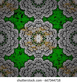 Floral tiles. Pattern oriental ornament. Islamic design. Vector white textile print. White pattern on green and white background with golden elements.