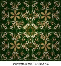 Floral tiles. Seamless pattern oriental ornament. Golden pattern on green and yellow colors with golden elements. Islamic design. Vector golden textile print.