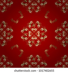 Floral tiles. Seamless pattern oriental ornament. Golden pattern on red and yellow colors with golden elements. Islamic design. Vector golden textile print.