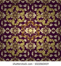 Floral tiles. Seamless pattern oriental ornament. Islamic design. Vector golden textile print. Golden pattern on purple, yellow and brown colors with golden elements.