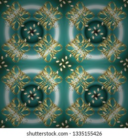 Floral tiles. Seamless pattern oriental ornament. Golden pattern on blue, neutral and green colors with golden elements. Vector golden textile print. Islamic design.