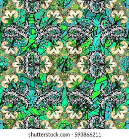 Floral tiles. Seamless pattern oriental ornament. Vector golden textile print. Golden pattern on background with golden elements. Islamic design.