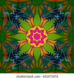 Floral tiles. Seamless pattern oriental ornament. Islamic design. Vector colorful textile print. Vintage pattern on dark blue background with colorful elements.
