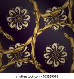 Floral tiles. Seamless pattern oriental ornament. Islamic design. Vector golden textile print. Golden pattern on lilac and purple background with golden elements.