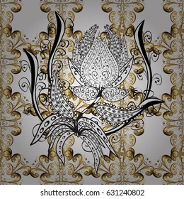 Floral tiles. Vector golden textile print. Golden pattern on white background with golden elements. Seamless pattern oriental ornament. Islamic design.