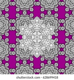 Floral tiles. Vector white textile print. Islamic design. White pattern on magenta background with white elements. Seamless pattern oriental ornament.