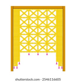 Floral toran binding setup backdrop decor with colorful tassle hangings for Indian haldi mehendi sangeet maayra bhaat ceremony functions