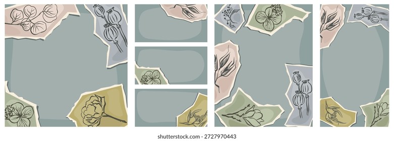 Floral torn paper frames set with botanical line art backgrounds. Social media post templates with torn paper texture. Layouts for beauty, cosmetics, makeup, fashion content.