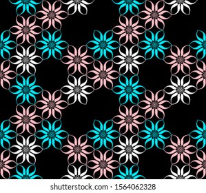 floral tracery field seamless pattern in pink blue black shades