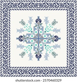 Floral traditional Romanian pixel with frame Geometric ethnic pattern.Ukrainian, Vyshyvanka, Slavic ornament style. Vector for tile, textile, mosaic, ceramic, patchwork, cross-stitch, embroidery