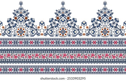 Floral tradicional ucraniano ponto cruz bordado pixel Geometric padrão étnico. Romeno, Vyshyvanka, estilo de ornamento eslavo.Vetor detalhado para borda,bordado decote,design decote,têxtil.