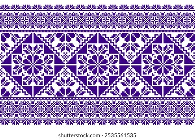 Floral tradicional ucraniano ponto cruz bordado pixel Geometric padrão étnico. Romeno, Vyshyvanka, estilo ornamento eslavo roxo e branco para borda, bordado decote, design decote, têxtil